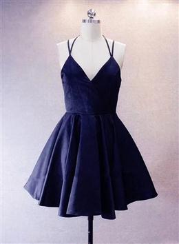 Picture of Navy Blue Short Straps Satin Homecoming Dress, Lovely Simple Prom Dresses